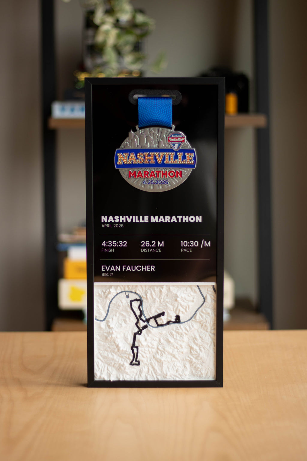 Example race panel standing on a table: medal, race details and a 3D course map