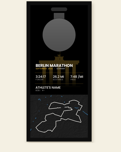 Berlin Marathon panel, all black: black stat sheet and black 3D course map in a black frame