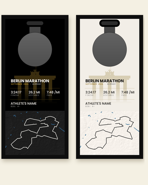 Berlin Marathon panel in all black and in all white, side by side
