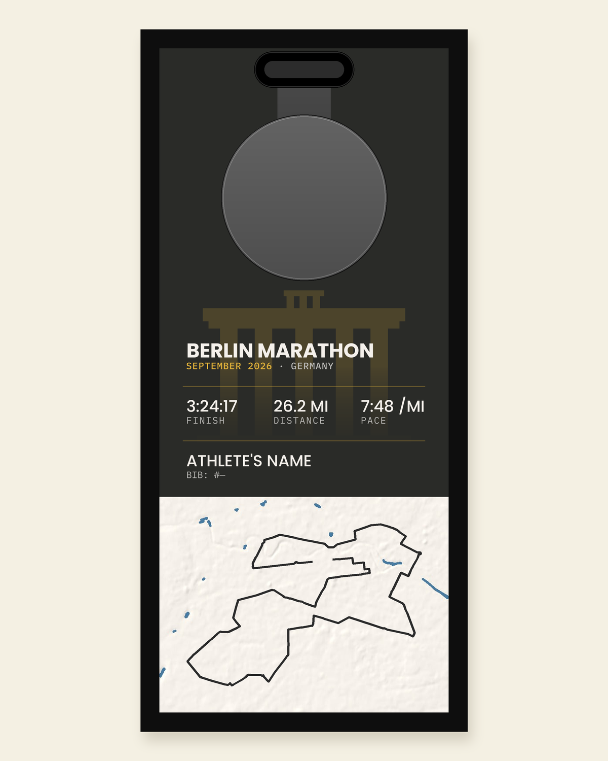 Berlin Marathon panel: finisher medal, race stats and the course in 3D relief, in a black frame