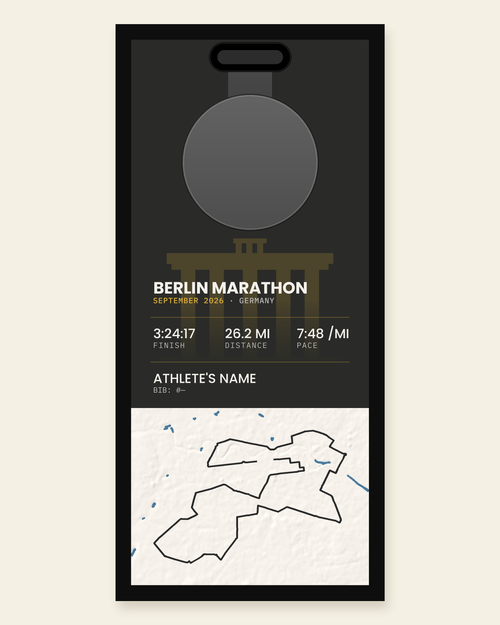 Berlin Marathon panel: finisher medal, race stats and the course in 3D relief, in a black frame