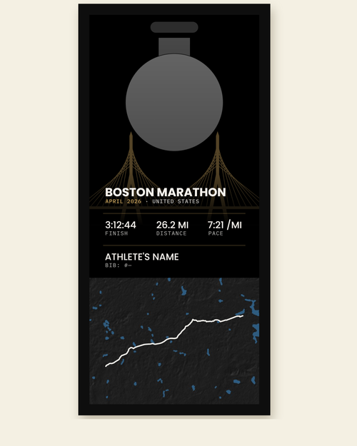 Boston Marathon panel, all black: black stat sheet and black 3D course map in a black frame