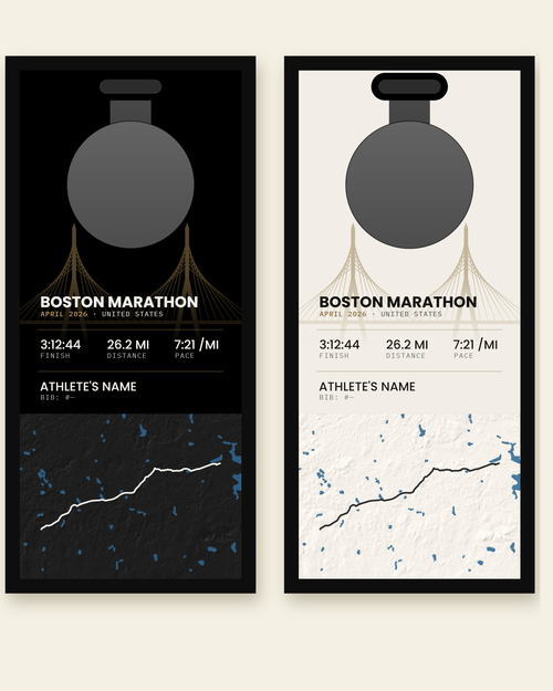 Boston Marathon panel in all black and in all white, side by side