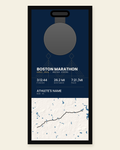 Boston Marathon panel: finisher medal, race stats and the course in 3D relief, in a black frame