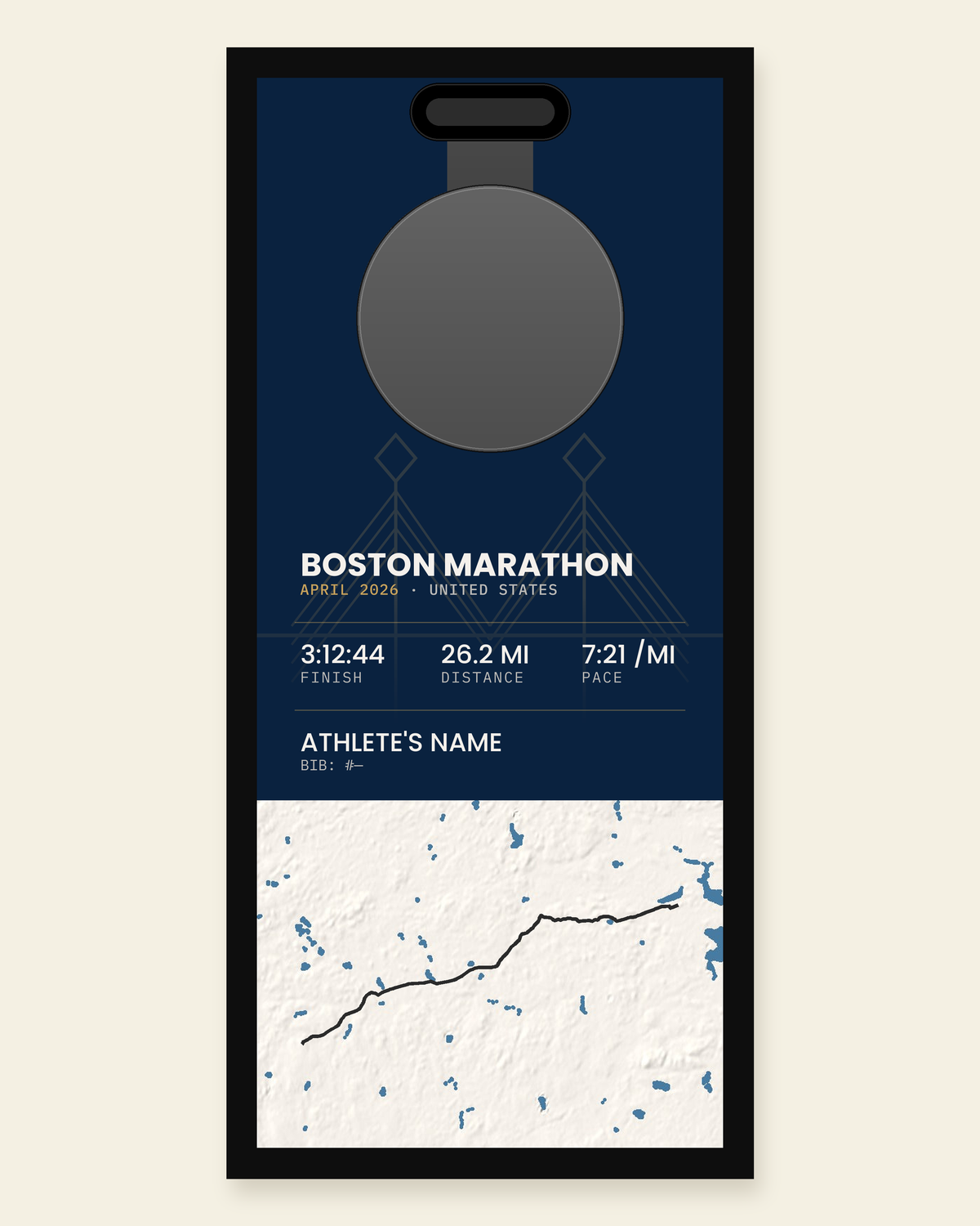 Boston Marathon panel: finisher medal, race stats and the course in 3D relief, in a black frame