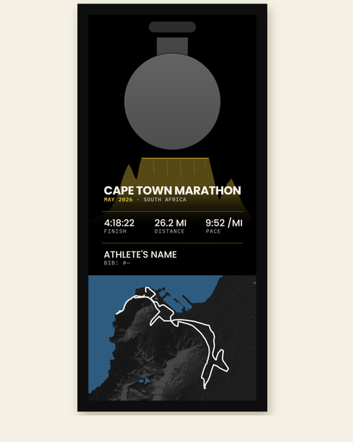 Cape Town Marathon panel, all black: black stat sheet and black 3D course map in a black frame