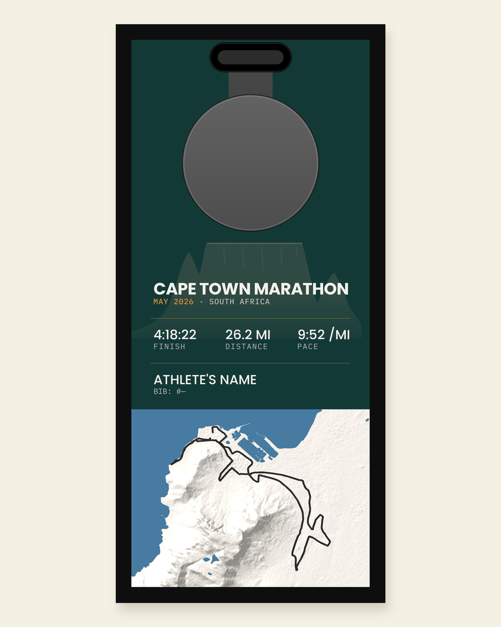Cape Town Marathon panel: finisher medal, race stats and the course in 3D relief, in a black frame