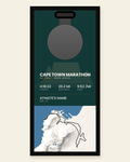 Cape Town Marathon panel: finisher medal, race stats and the course in 3D relief, in a black frame