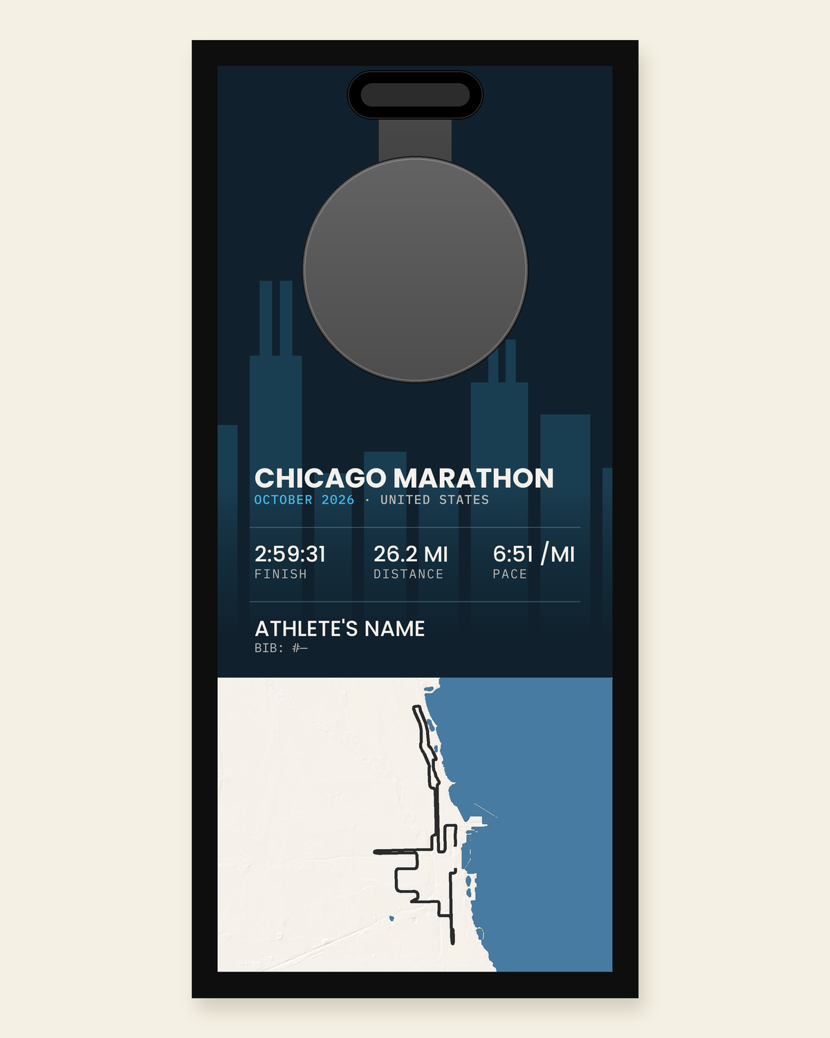 Chicago Marathon panel: finisher medal, race stats and the course in 3D relief, in a black frame