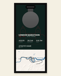 London Marathon panel: finisher medal, race stats and the course in 3D relief, in a black frame