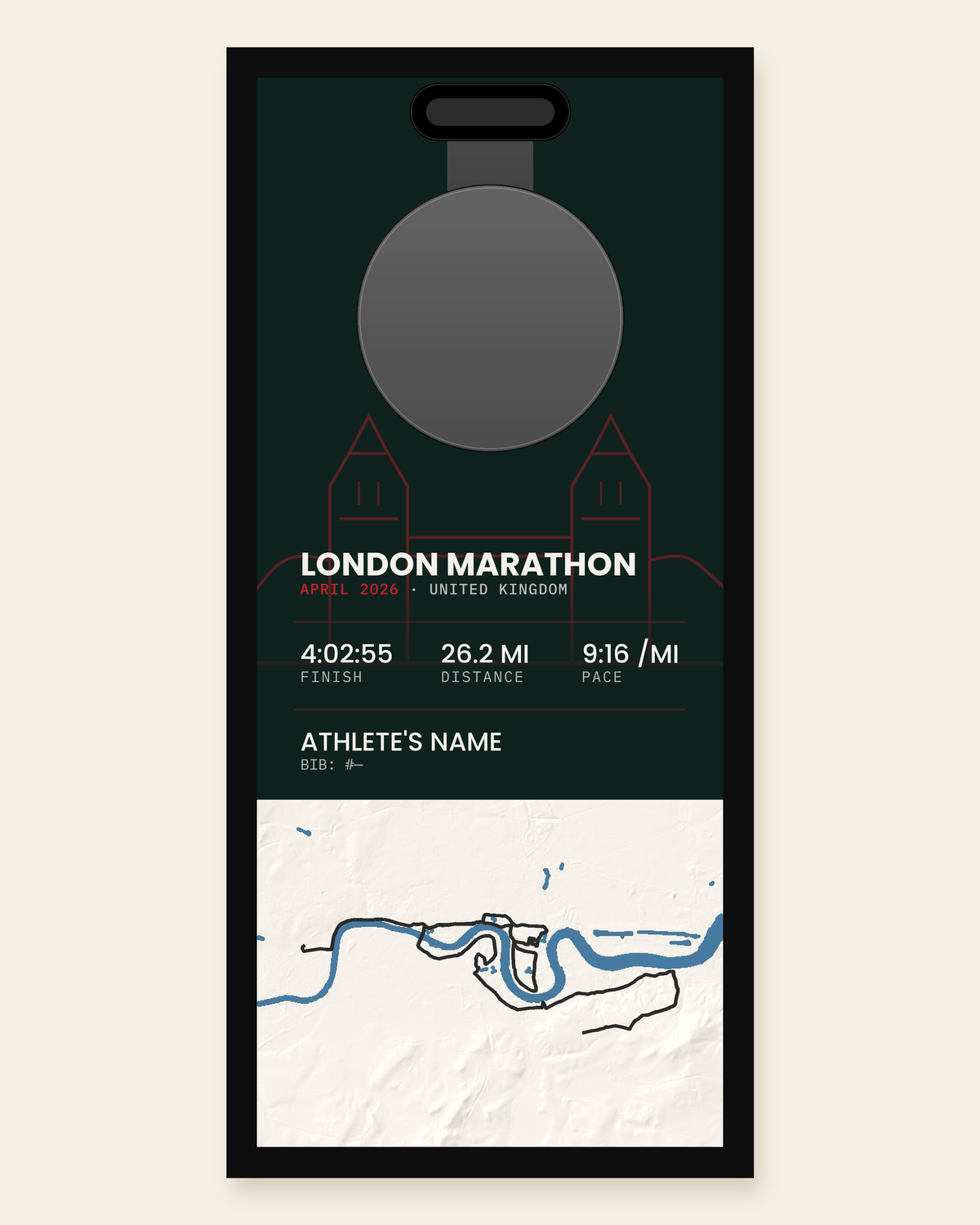 London Marathon panel: finisher medal, race stats and the course in 3D relief, in a black frame