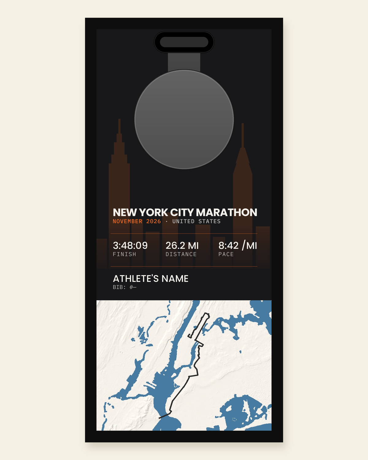 New York City Marathon panel: finisher medal, race stats and the course in 3D relief, in a black frame