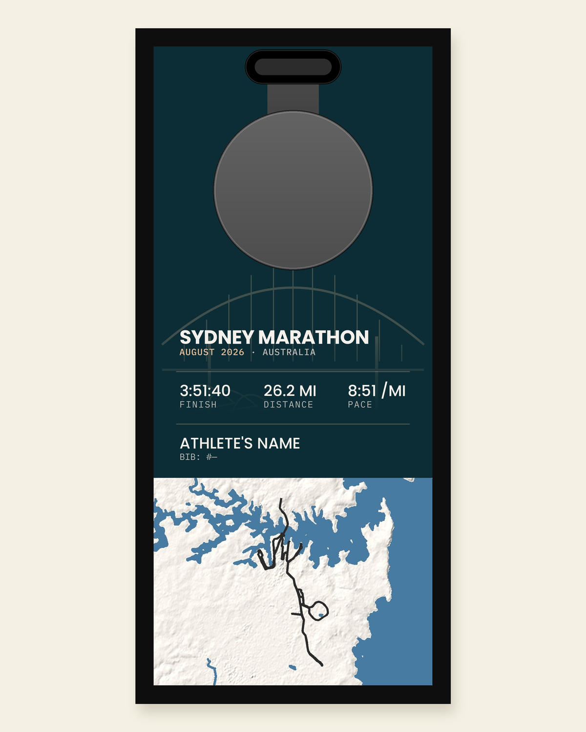 Sydney Marathon panel: finisher medal, race stats and the course in 3D relief, in a black frame