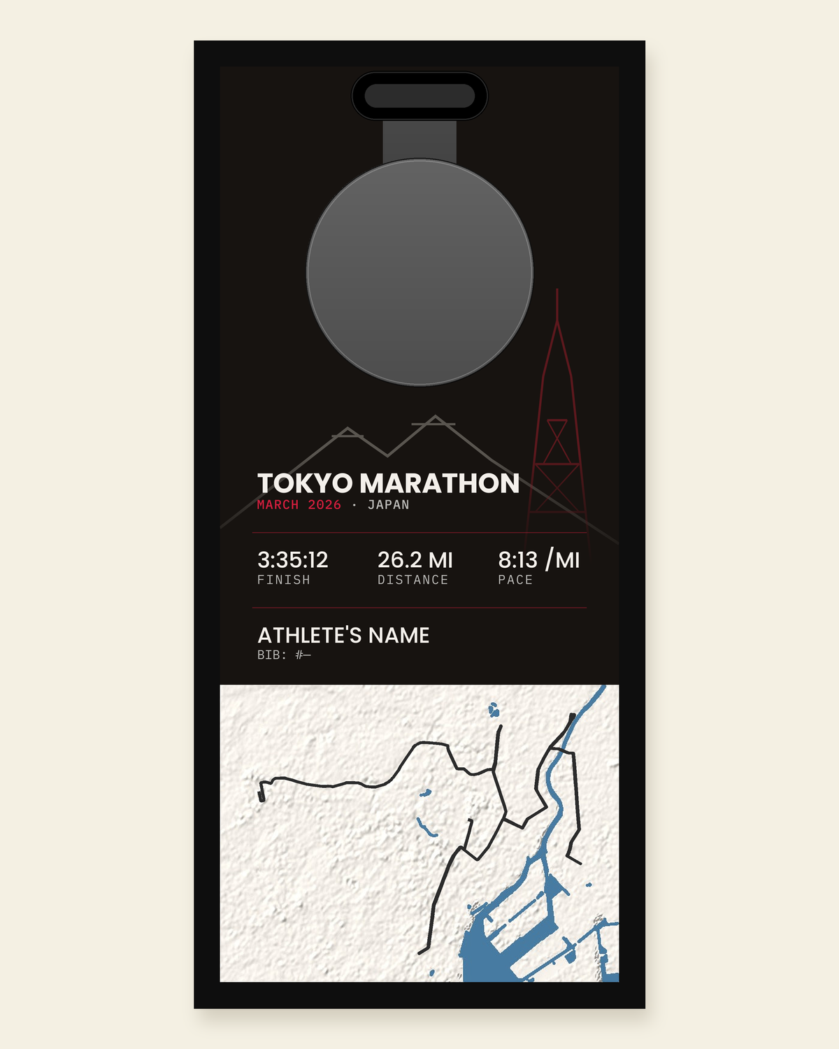 Tokyo Marathon panel: finisher medal, race stats and the course in 3D relief, in a black frame