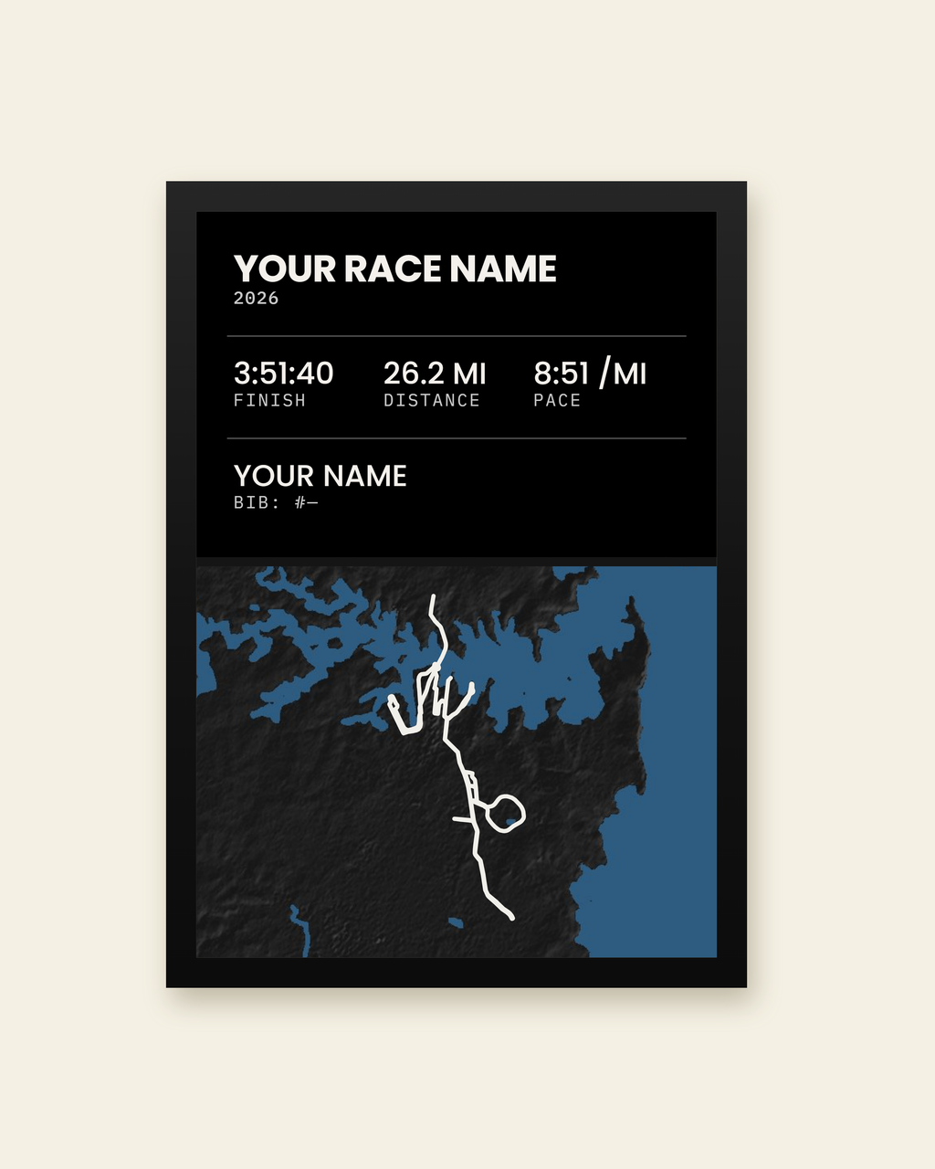 Custom Route Panel, 5 by 7, black stat sheet and black map in a black frame