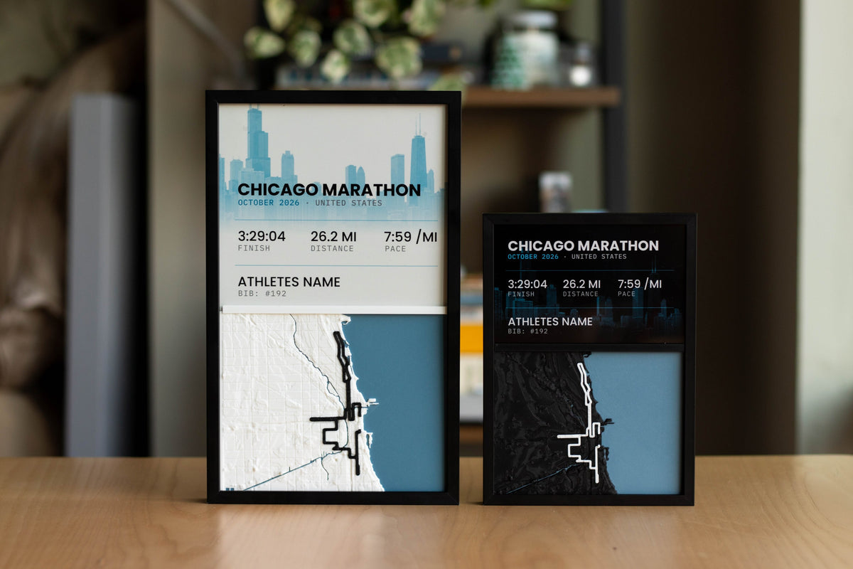 Chicago Marathon panels in 6 by 10 and 5 by 7, white and black, on a desk